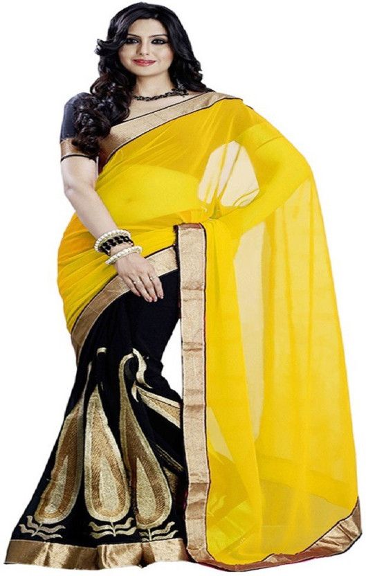 Embroidered Bollywood Handloom Georgette Saree  (Black, Yellow)
