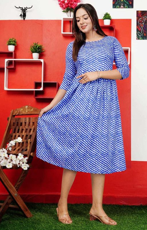 Women Leheriya Pure Cotton Anarkali Kurta  (Blue)