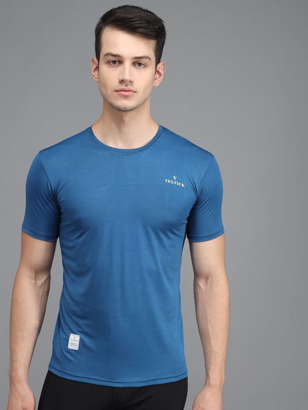 Men Solid Round Neck Elastane Blue T-Shirt