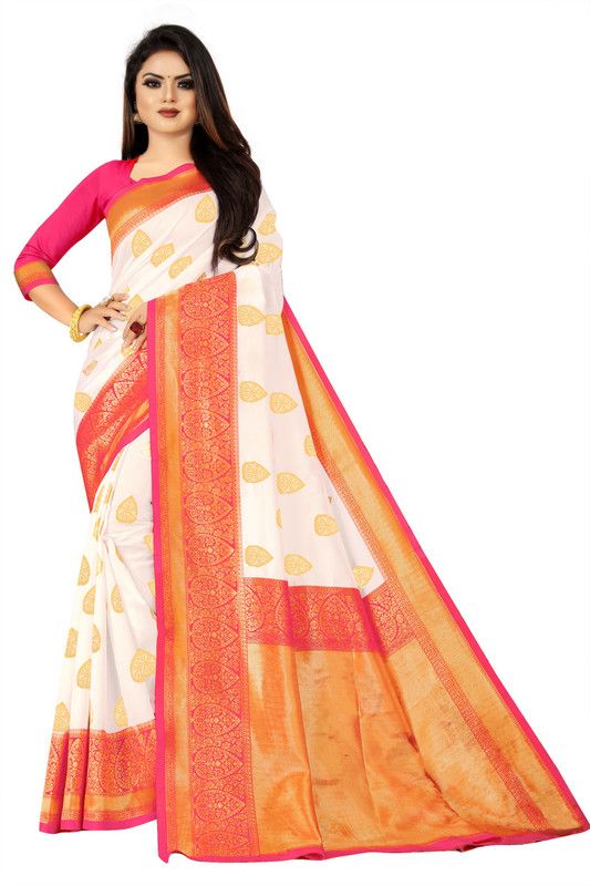 Applique Bollywood Silk Blend, Jacquard Saree  (White, Pink, Orange)