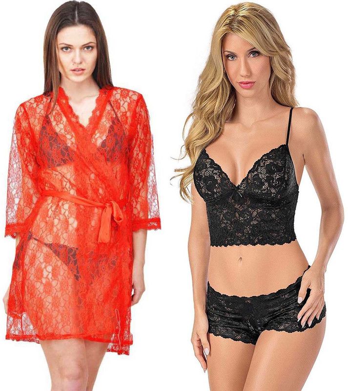 Pack of 3 Women Robe and Lingerie Set  (Red, Black)