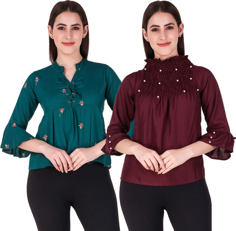 Pack of 2 Casual Bell Sleeves Embroidered, Embellished Women Blue, Maroon Top