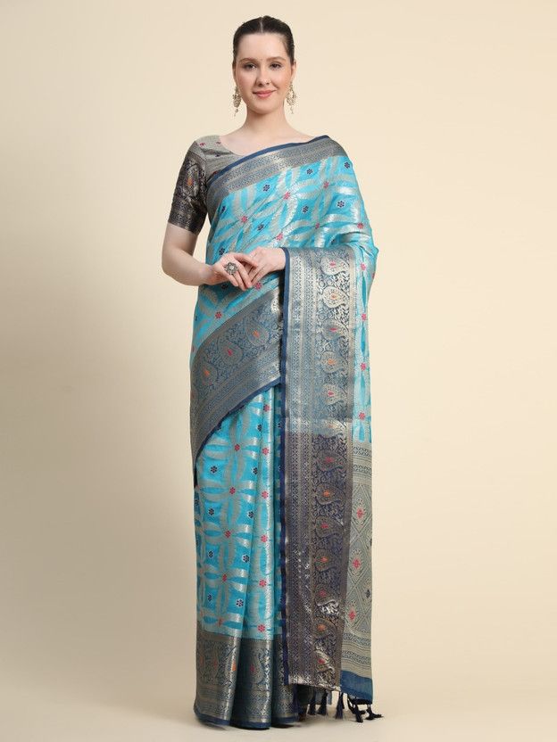 Woven Daily Wear Jacquard, Linen Saree  (Light Blue)