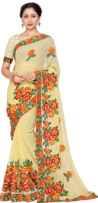 Embroidered, Woven Bollywood Georgette Saree  (Yellow)