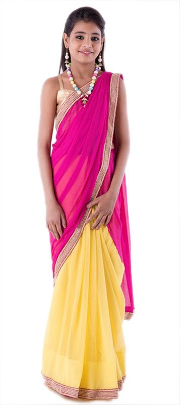 Embellished Bollywood Georgette Saree  (Pink, Yellow)