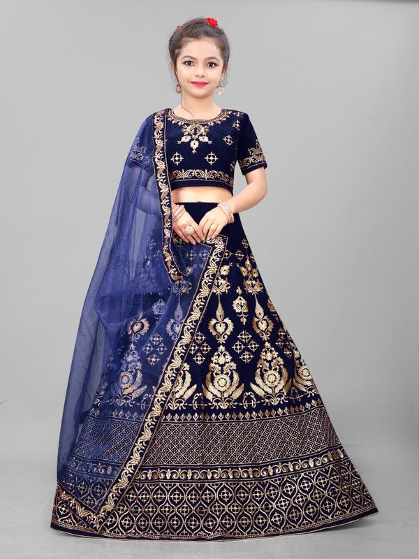Girls Lehenga Choli Ethnic Wear, Fusion Wear, Party Wear, Western Wear Embroidered Lehenga, Choli and Dupatta Set  (Blue, Pack of 1)