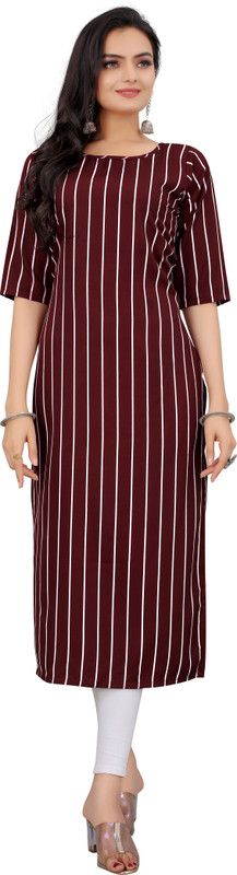 Women Striped Crepe A-line Kurta  (White)