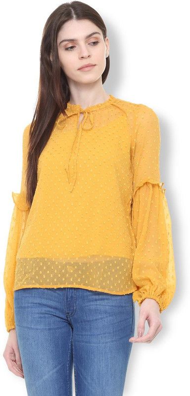 Casual Bishop Sleeve Self Design Women Yellow Top