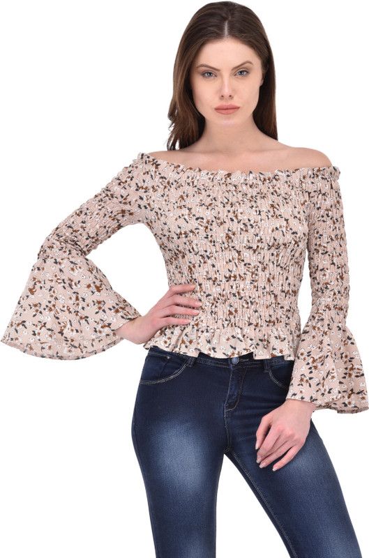 Party Bell Sleeves Printed Women Beige Top