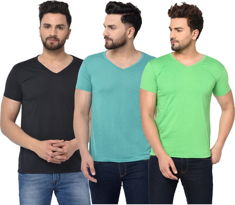 Pack of 3 V Neck T-Shirt Combo of 3 Men Solid V Neck Cotton Blend Green, Blue, Black T-Shirt