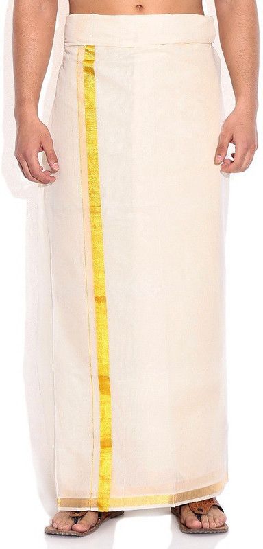 Fashionkiosks Surya Off White Kerala Cotton Dhoti with Gold Border for Men Solid Men Dhoti