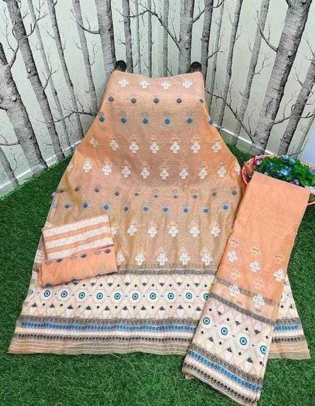 Embroidered Mekhela Chador Cotton Linen, Cotton Silk Saree  (Cream)