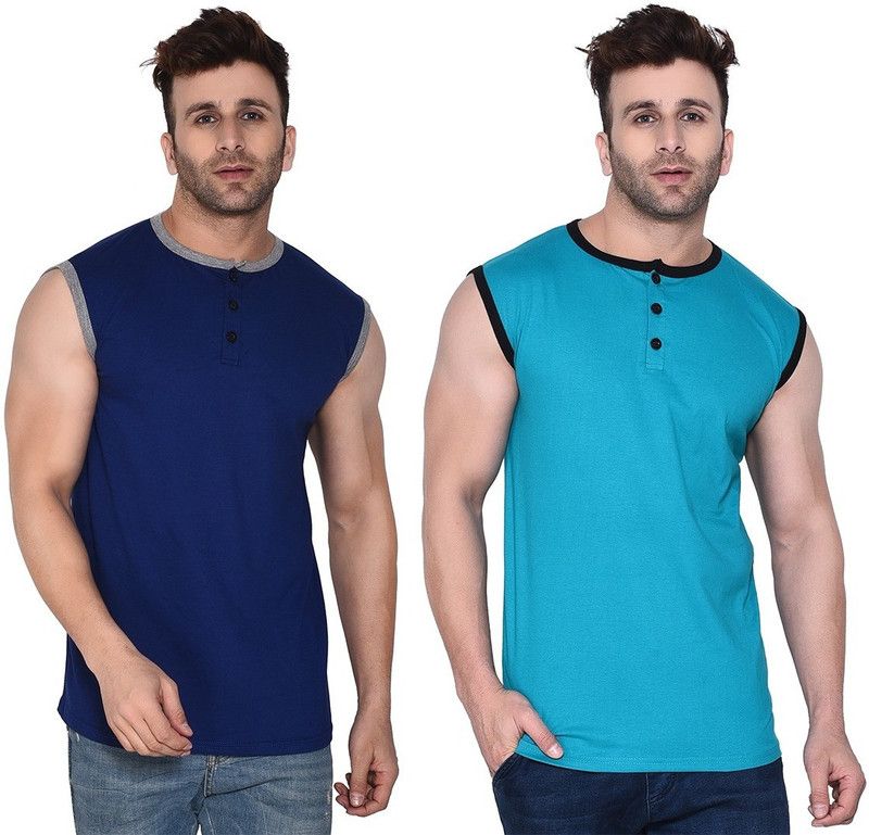 Pack of 2 Men Solid Henley Neck Cotton Blend Blue, Light Green T-Shirt