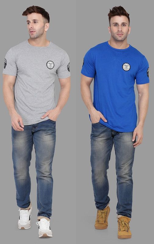 Pack of 2 Faizaan Men Solid Round Neck Cotton Blend Silver, Blue T-Shirt
