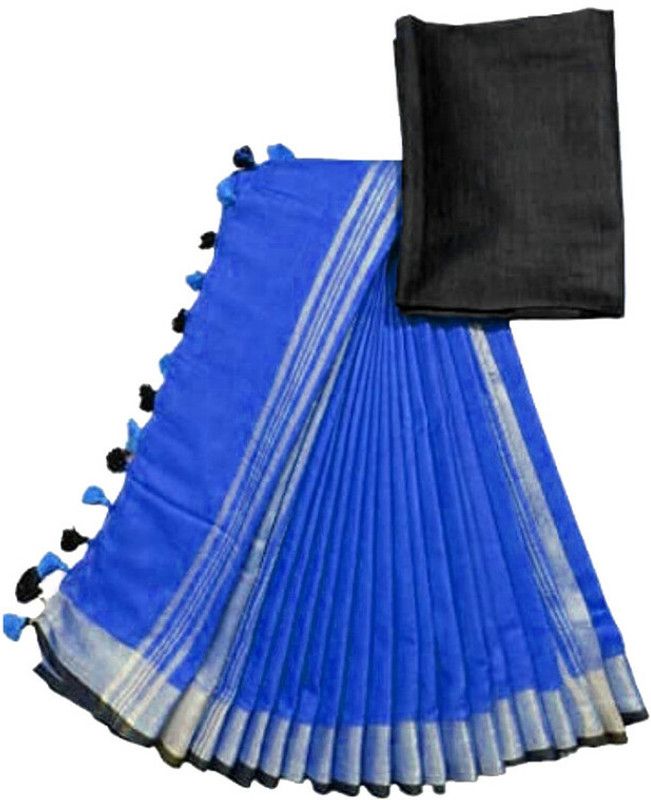 Solid/Plain Bhagalpuri Handloom Cotton Linen Saree  (Blue)
