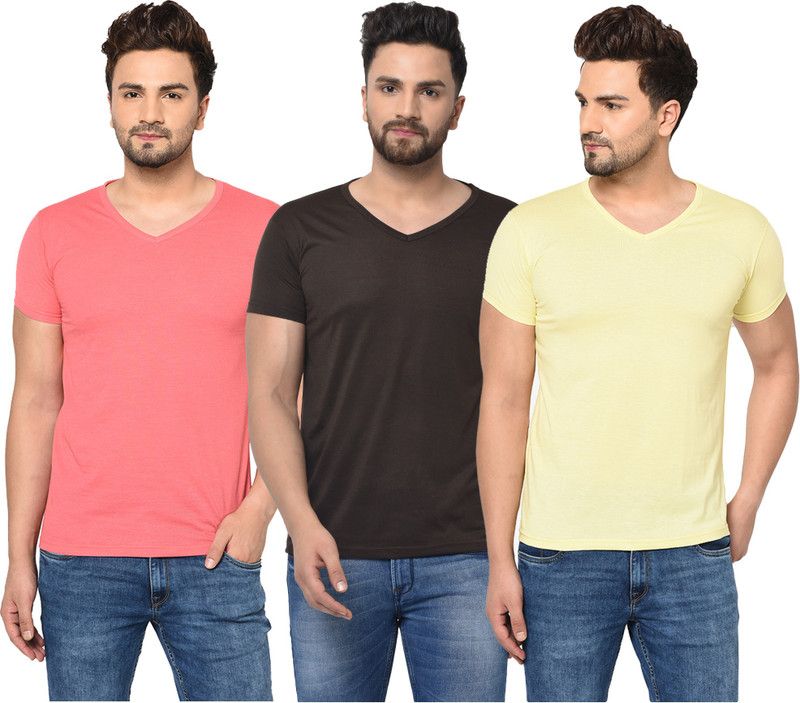 Pack of 3 V neck Combo T-shirts Multicolor Men Solid V Neck Cotton Blend Brown, Pink, Yellow T-Shirt