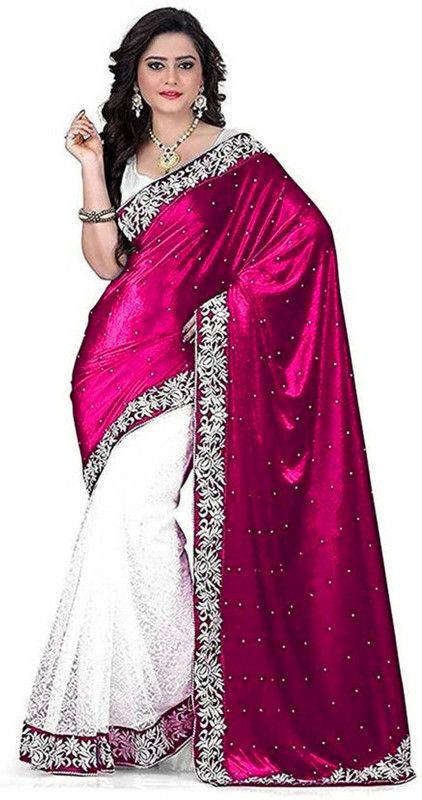 Embellished, Solid/Plain Bollywood Velvet Saree  (Pink)