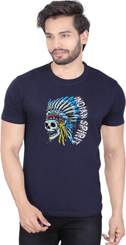 Men'S 100 % Cotton Premium Bio Washed Navy Pure Digital Printed T-Shirt - (OLD INDIAN) Men Printed Round Neck Cotton Blend Blue T-Shirt