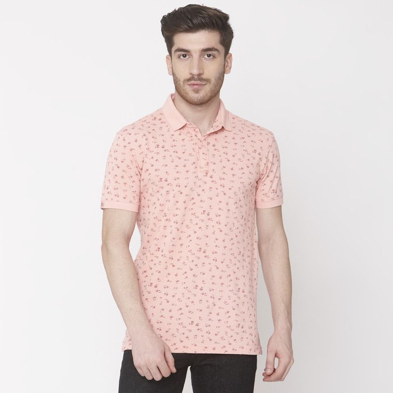 Men Printed Polo Neck Pure Cotton Pink T-Shirt