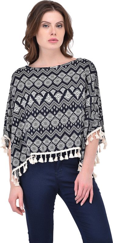Party Kaftan Sleeve Printed Women Black Top