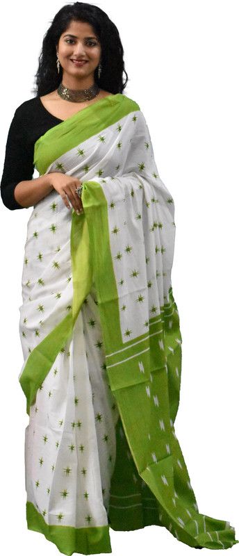 Printed Ikkat Pure Cotton Saree  (White, Green)