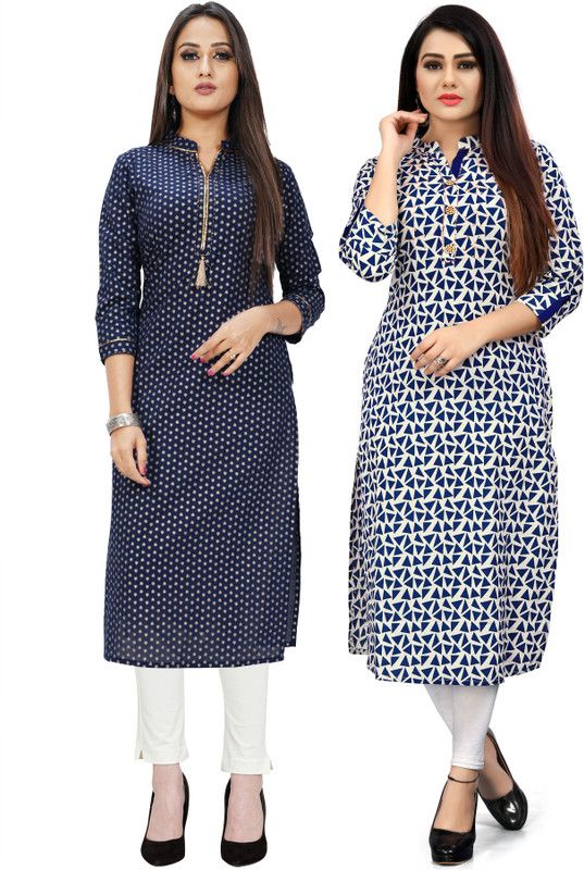Pack of 2 Women Printed Pure Cotton Straight Kurta  (White, Blue)