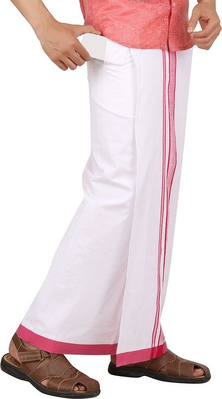 Prakasam Cotton Prakasam Cotton Premium Quality Welcro Pocket Readymade Dhoti( sticker Dhoti) -White Cotton With Pink Big Border Solid Men Dhoti