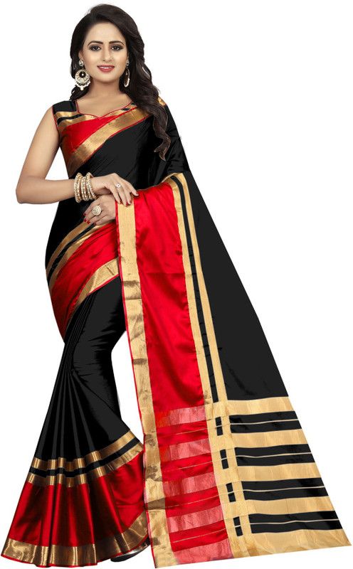 Striped Dharmavaram Cotton Silk Saree  (Red, Black)