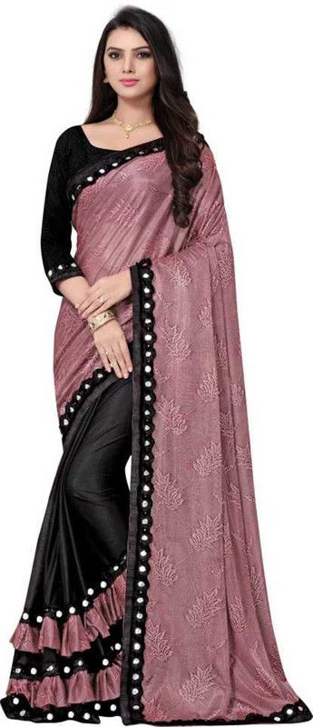 Solid/Plain Bollywood Lycra Blend Saree  (Pink, Black)