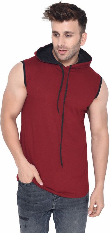 Faizan Men Solid Hooded Neck Cotton Blend Maroon, Black T-Shirt