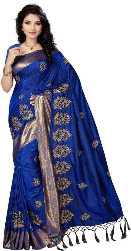Embroidered Bollywood Art Silk Saree  (Gold, Blue)
