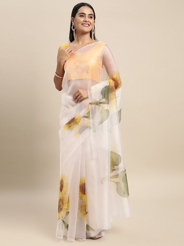 Floral Print Bollywood Organza Saree  (Beige)