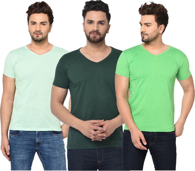 Pack of 3 V neck Combo T-shirts Multicolor Men Solid V Neck Cotton Blend Green T-Shirt