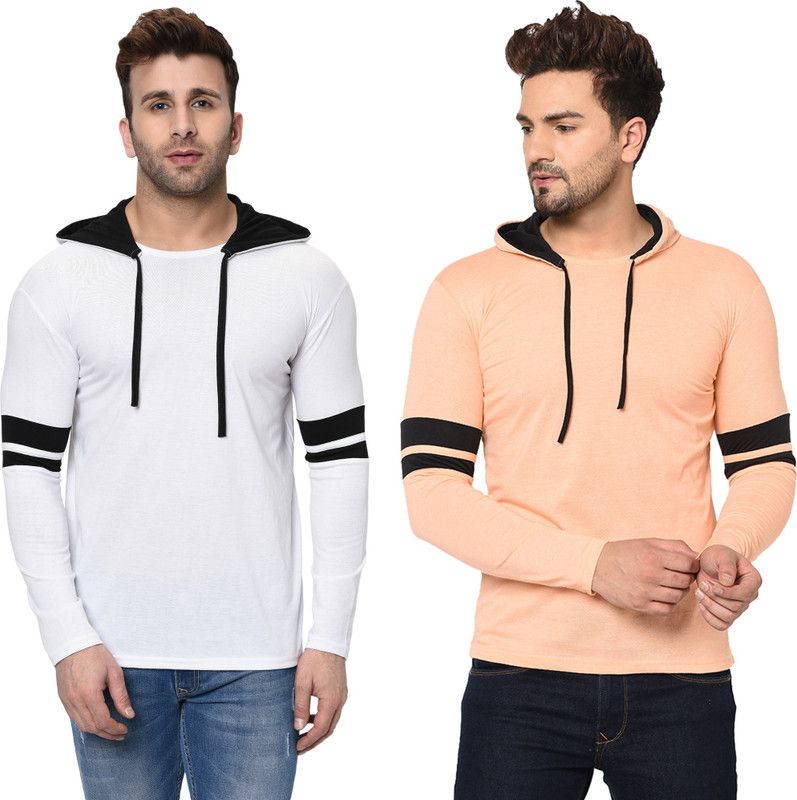 Pack of 2 FZN-MZM Men Solid Hooded Neck Cotton Blend White, Beige T-Shirt