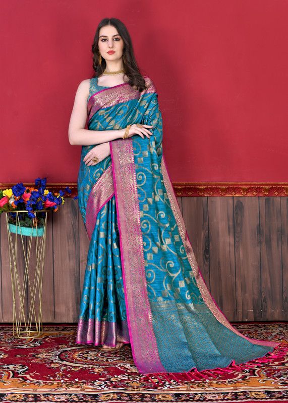 Woven, Applique, Embellished, Dyed Kanjivaram Jacquard, Art Silk Saree  (Light Blue)