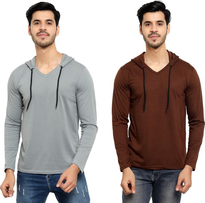Pack of 2 Men Solid Hooded Neck Cotton Blend Silver, Brown T-Shirt