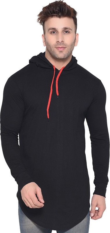 Faizan Men Solid Hooded Neck Cotton Blend Black T-Shirt
