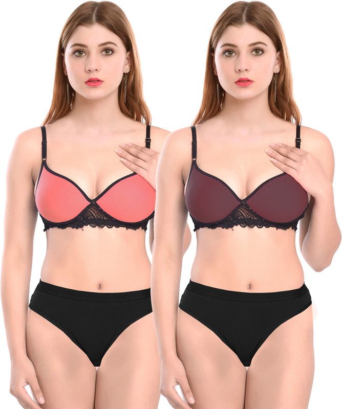 Bra & Panty Set Self Design Orange, Maroon Lingerie Set
