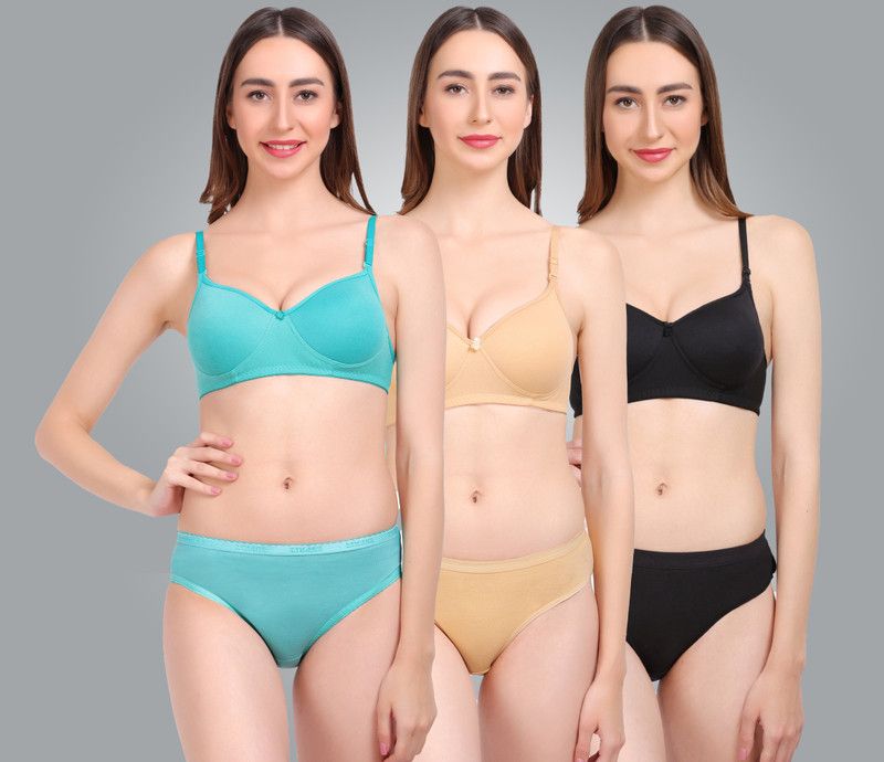 Bra & Panty Set Solid Black, Green, Gold Lingerie Set