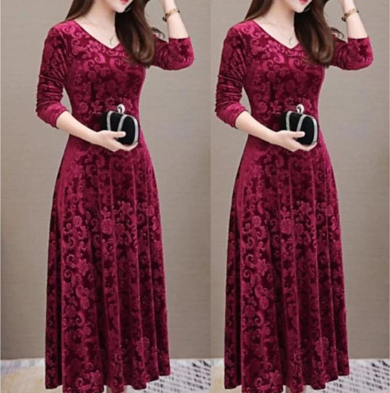 Printed Velvet Stitched Flared/A-line Gown  (Maroon)