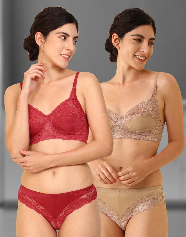 Bra & Panty Set Self Design Red, Brown Lingerie Set