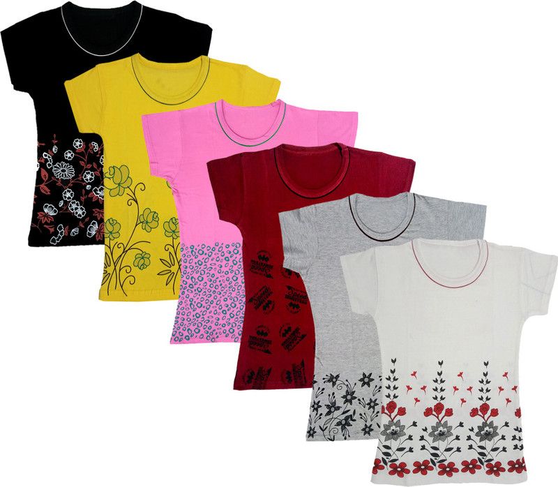 Girls Floral Print Cotton Blend T Shirt  (Multicolor, Pack of 6)