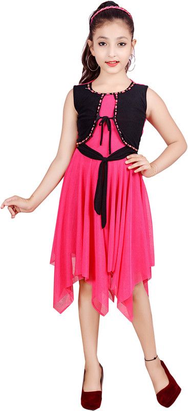 Girls Calf Length Festive/Wedding Dress  (Pink, Sleeveless)
