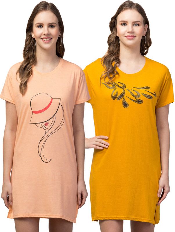 Pack of 2 Women Nighty  (Beige, Yellow)