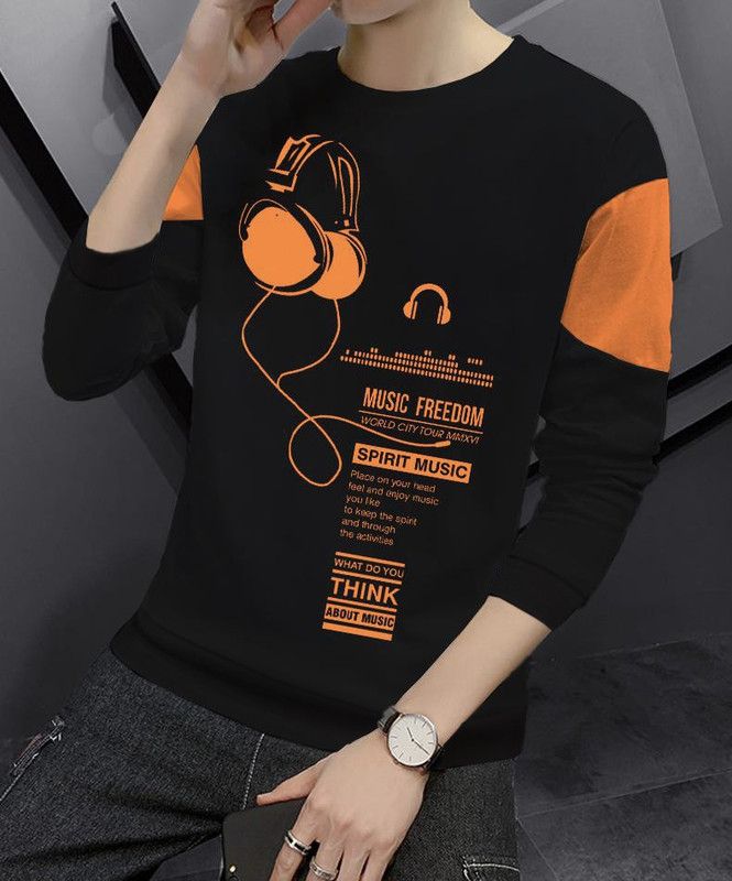 Printed Men Black, Orange T-Shirt