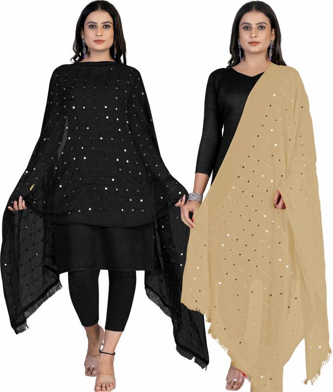 Chiffon Embroidered Black, Gold Women Dupatta