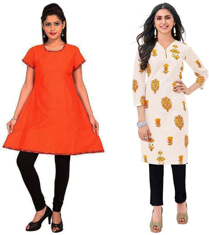 Pack of 2 Women Solid Cotton Blend Straight Kurta  (Orange)