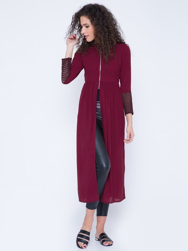 Women Solid Polyester A-line Kurta  (Maroon)