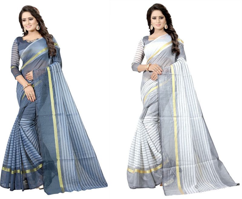 Striped Daily Wear Cotton Silk Saree  (Pack of 2, White, Grey)