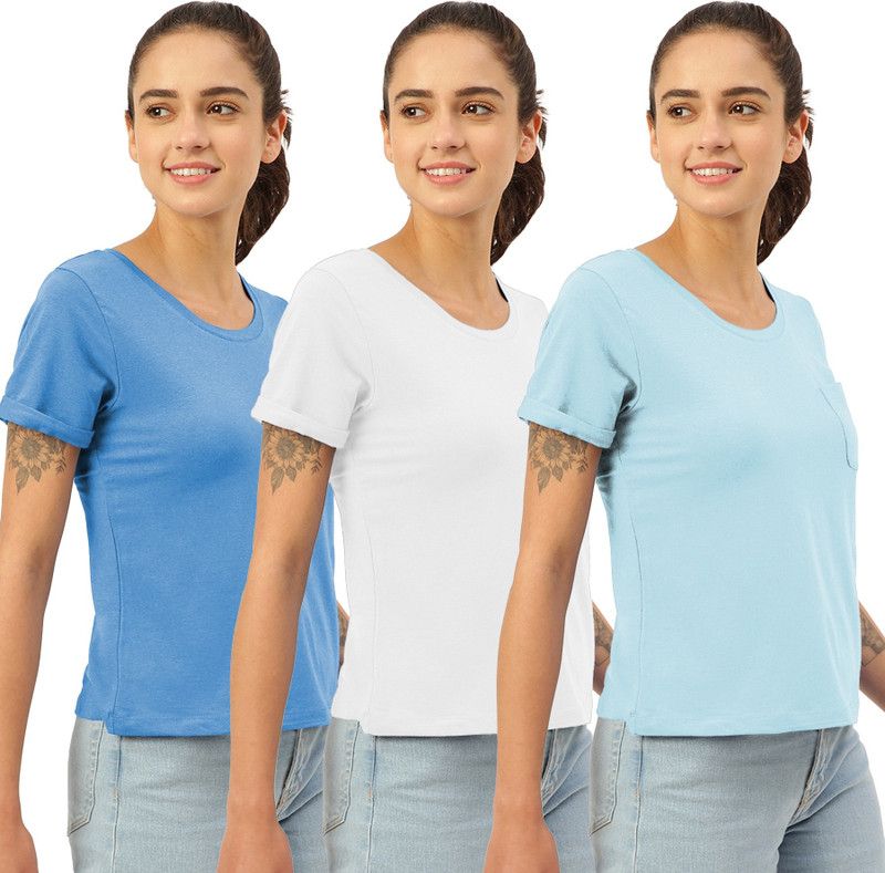 Pack of 3 Twin Skin Women's Lounge Tees | Tshirt | Top Women Solid Round Neck Cotton Blend Multicolor T-Shirt
